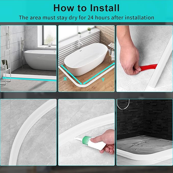 Hi-Na 3ft/5ft/6ft/8ft10ft Collapsible Shower Threshold Water Dam Water Barrier for Shower and Water Stopper Keeps Water Inside Water Threshold for Wet and Dry Separation (8ft, White)