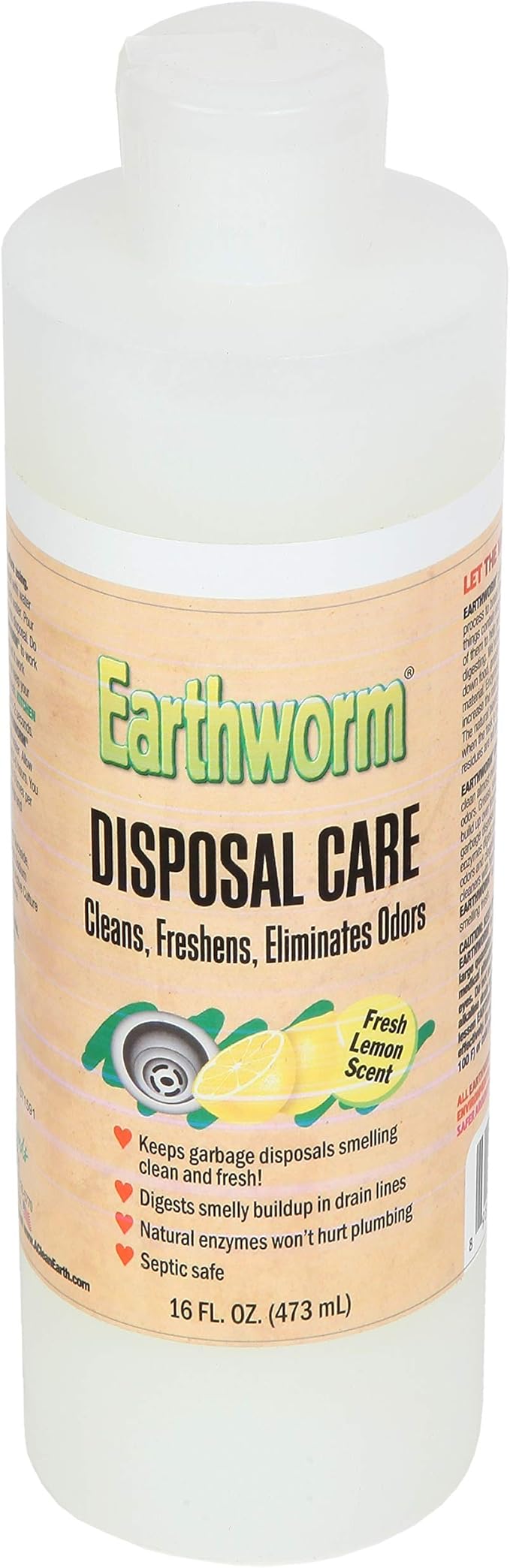 Earthworm Garbage Disposal Cleaner and Odor Eliminator/Disposal Care Removes Buildup, Cleans, and Freshens your Kitchen Sink - 16 Oz, Fresh Lemon Scent, Septic Safe
