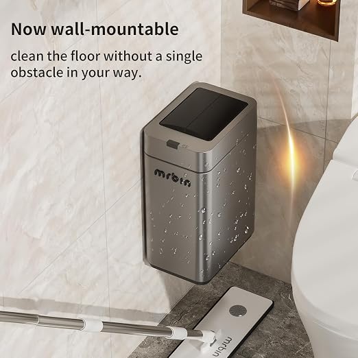 MRBIN Slim 2.4 Gal Bathroom Trash Can with Lid – Small Stainless Steel Touchless Motion-Sensor Waste Basket for Office, Bedroom, Kitchen, RV, Quiet Close, Dog-Proof, Space-Saving Narrow Garbage Can