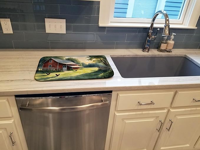 Caroline's Treasures Chicken Coop at Dawn Dish Drying Mat Absorbent Dish Drying Mat Pad for Kitchen Counter Dish Drainer Mat for Countertop, 14 x 21", Multicolor