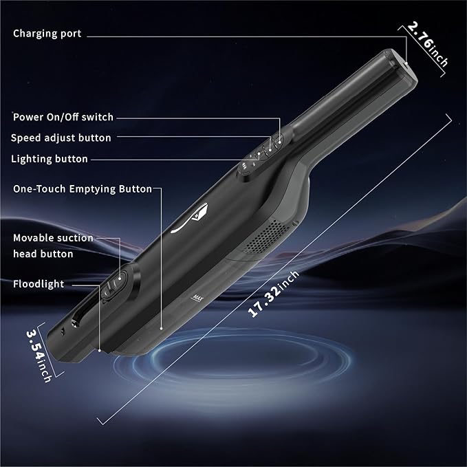 Cordless Handheld Vacuum, Lightweight Portable Hand Vacuum Cleaner with LED Light,Rechargeable Hand Held Vacuum with One-Touch Empty, Powerful Suction for Office, Home,Car,Black