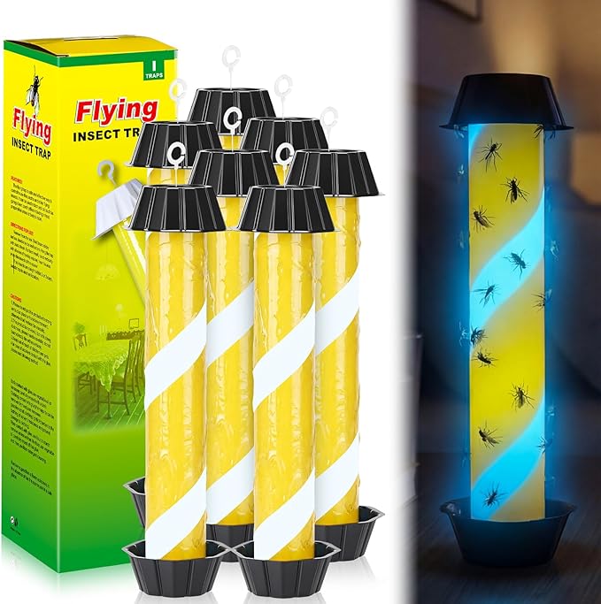 8 Pack Glow in the Dark Fly Sticks Outdoor & Indoor Sticky Fly Traps with Blue Fluorescent Night Attraction Light-Absorbing UV for Mosquitoes Flies Waterproof Hanging Catcher (Black)