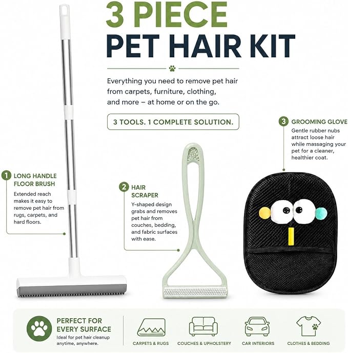 GOOGO Pet Hair Removal Tool Kit, 3 in 1 Carpet Rake Set with White Long Handle Brush, Mint Green Scraper and Scalable Pet Broom Glove for Carpets, Couches and Cars | Includes a white 52-inch carpet rake, mint green scraper and grooming glove for pet ha...