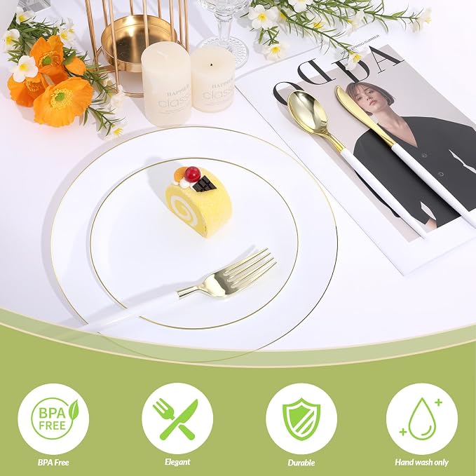 Goodluck 150 PCS White Gold Plastic Silverware Set for 50 Guests,50 Knives, 50 Forks and 50 Spoons, Food-grade material free of BPA, Gold Plastic Cutlery Ideal for Weddings, Birthdays, Graduation