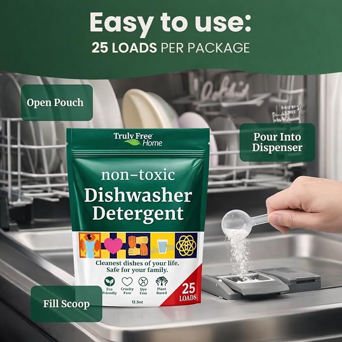 Truly Free Dishwasher Detergent Powder | Natural Dish Detergent, Dishwasher Soap | Plastic Free, Plant-Based, Clean, Heavy Duty Hard Water Stain & Grease Remover | Fragrance Free | 12.5 oz (Pack of 1)