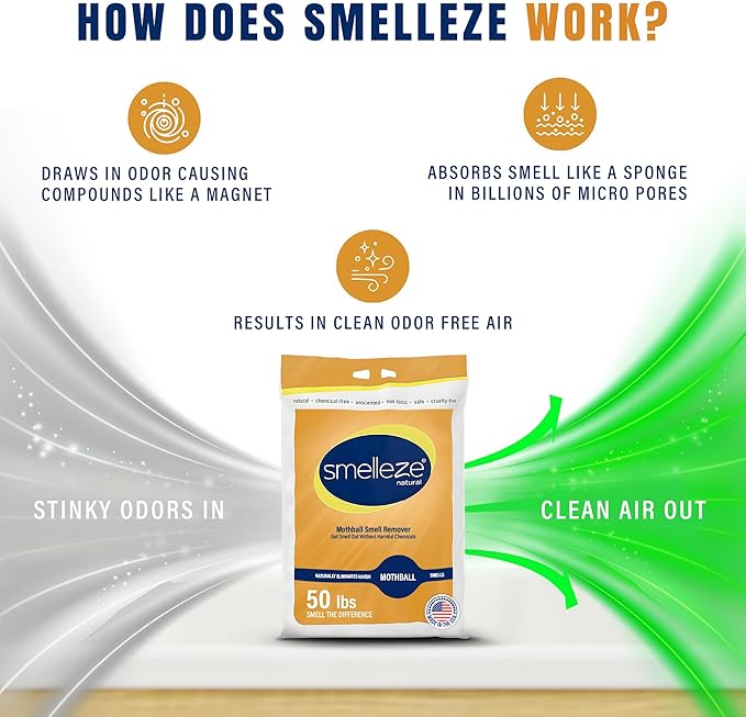 SMELLEZE Natural Mothball Smell Remover Deodorizer: 50 lb. Granules Gets Mothball Fumes & Odor Out