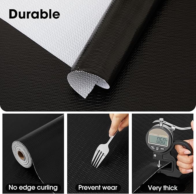 Drawer and Shelf Liner, Non-Slip Kitchen Cabinet Liners Non-Adhesive Thick Strong Grip Waterproof Washable Mats Protect Dresser Shelves Cupboard Bathroom Cabinets, Black, 18 in X 20 FT