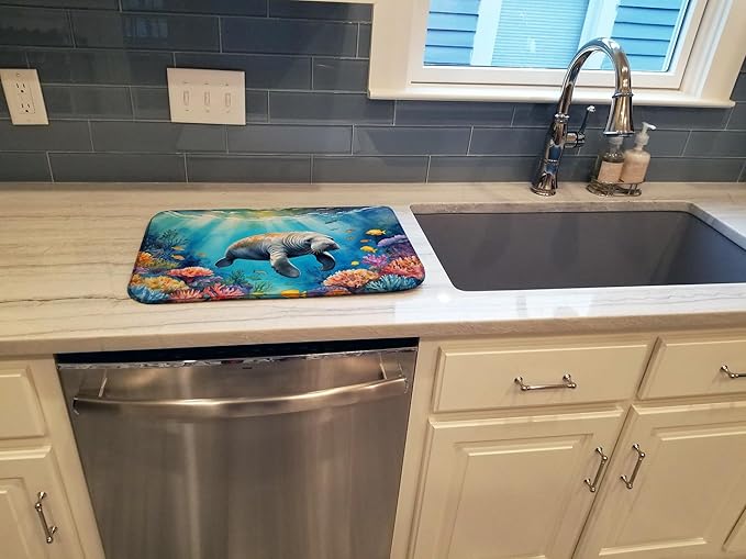 Caroline's Treasures Summer Manatee Dish Drying Mat Absorbent Dish Drying Mat Pad for Kitchen Counter Dish Drainer Mat for Countertop, 14 x 21", Multicolor