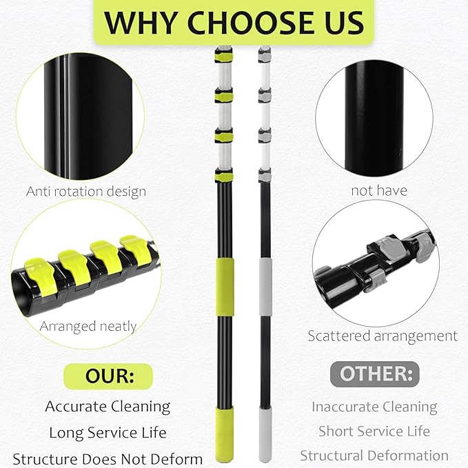 【Upgrade Anti Rotation 】 30FT High Reach Duster Kit,(18FT+6FT) Lightweight Aluminum Alloy Extension Rod,7-Piece Set,210° Steering Head Clean Various Angle,for Cleaning Ceiling,High Wall