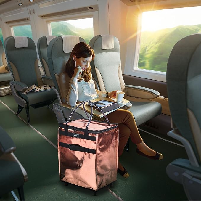 Reusable Grocery Bag On Wheels Large Capacity Shopping Trolley Foldable Rolling Tote Bag with Heavy Duty Handle for Travel (Rose Gold, Large)