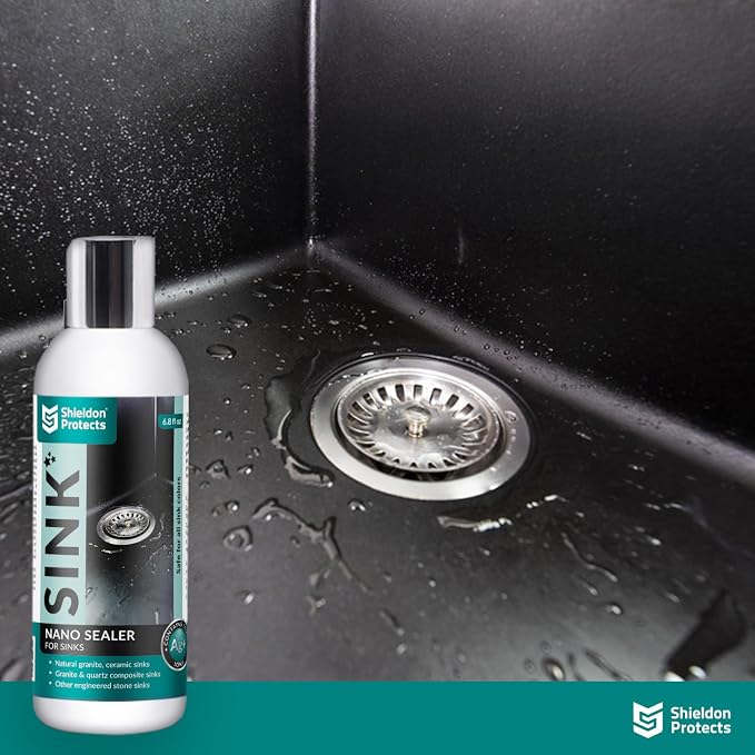Shieldon Sink Care Kit – Cleaner & Nano Sealer for Granite Composite, Ceramic & Natural Stone Sinks – Restores Shine, Repels Stains, Grease & Hard Water – 2 Sponges & Microfiber Cloth