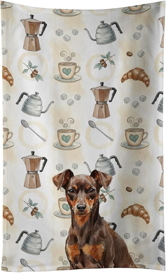 Caroline's Treasures Chocolate and Rust Miniature Pinscher Min Pin Coffee Bar Kitchen Towel Velour Plush Front and Cotton Loop Back Machine Washable