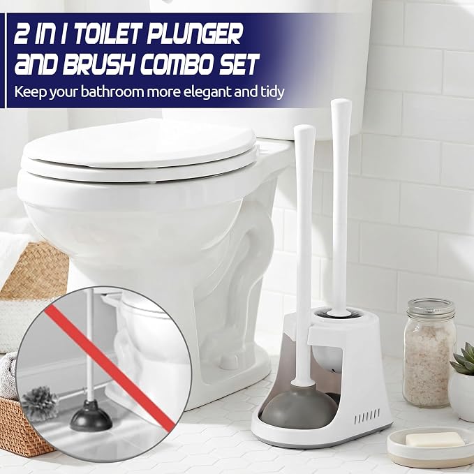 Reallnaive 4 Set Toilet Plunger and Brush Set with Ventilated Holder 2 in 1 Toilet Bowl Brush and Heavy Duty Plunger Combo Bathroom Cleaning Kit for Home and Commercial Bathrooms Drainage(White)