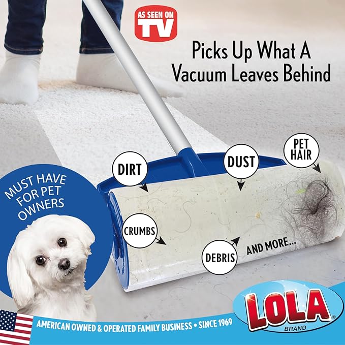 LOLA Rola Sticky Mop Refills, Giant Adhesive Roller, 180 Sheets, Traps Dirt, Dust & Hair, Pet Hair Remover, Floor & Carpet Cleaner, 6 Pack