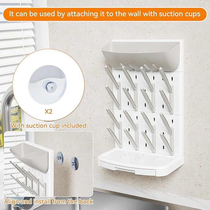 SuoXing Vertical Baby Bottle Drying Rack with Brush- Hold 16 Bottles - Large Breast Pump,Bottle Dryer Rack for Kitchen Countertop,Space Saving Bottle Stand Holder for Pacifiers,Pump Accessories,Grey