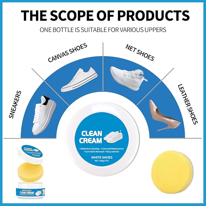 2Pcs White Shoes Clean Cream, No-Wash Clean Cream Shoe Cleaner with Sponge for Leather Shoes Sofa Bags