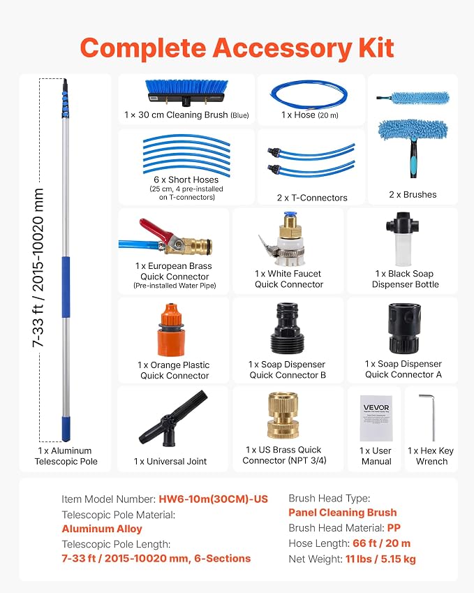 VEVOR Solar Panel Cleaning Kit, 33 ft, Water Fed Pole Kit with Cleaning Brush, Soap Dispenser, Extendable Aluminum Telescopic Pole, 180° Rotatable Brush Head, for Roof Mounted Solar Panels, Windows