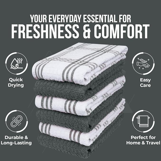 DAN RIVER Premium Grey Kitchen Towels - [Pack of 6] 100% Cotton (16x 26 Inches) -Super Soft, Highly Absorbent Hand Towels, Quick Dry, Dish Towels, Tea and Bar Towels Set