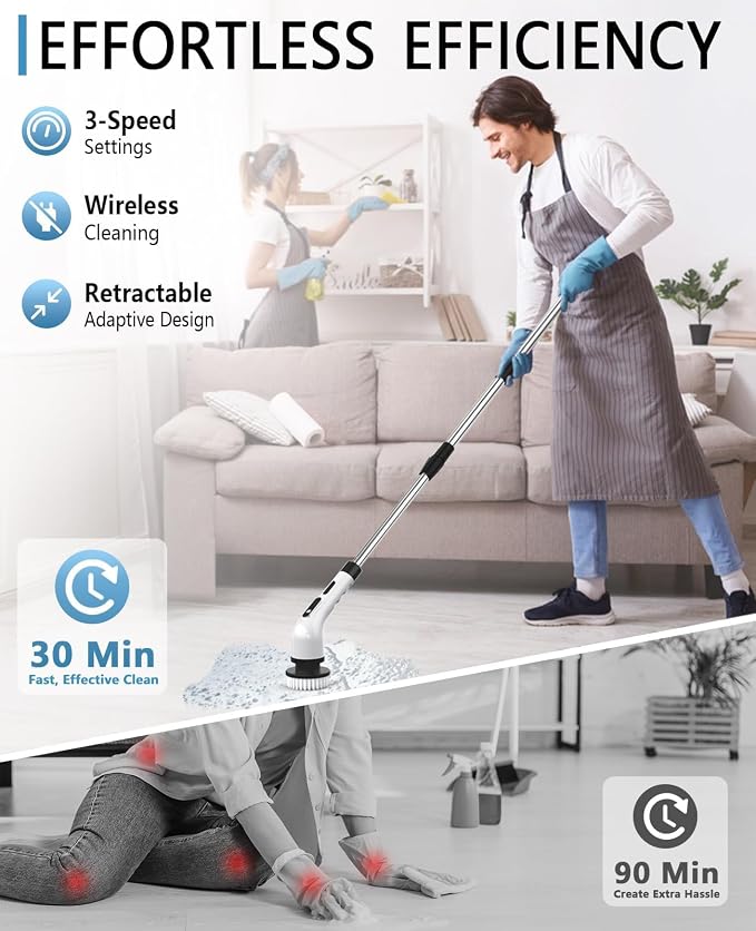 Electric Spin Scrubber Cordless - 3 Speed Rechargeable, Adjustable & Detachable Handle, 9 in 1 Brush Heads Power Scrub Brushes for Cleaning Supplies Shower Bathroom Tub Kitchen Tile Floor