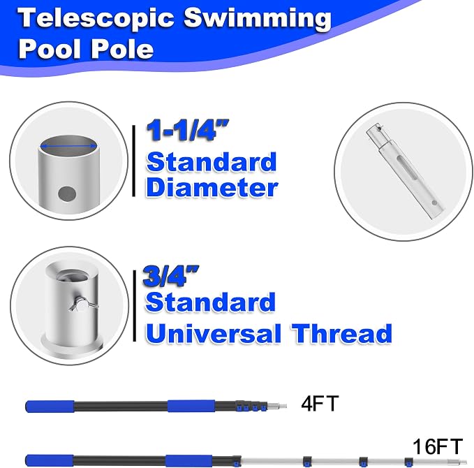 AgiiMan 4-16 FT Telescopic Pool Pole, Swimming Pool Pole with 4 Baffle Locks Durable Aluminium and Vacuum Ports Telescopic Extendable Poles Use with Cleaning Nets, Skimmers, Brushes and More