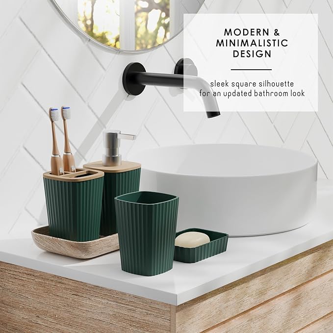 Clara Clark Bathroom Accessories Set - Bathroom Set, Bathroom Accessory Set, Shower Curtain Set, Toilet Brush, Trash Can & Soap Dispenser - Green - 20PC