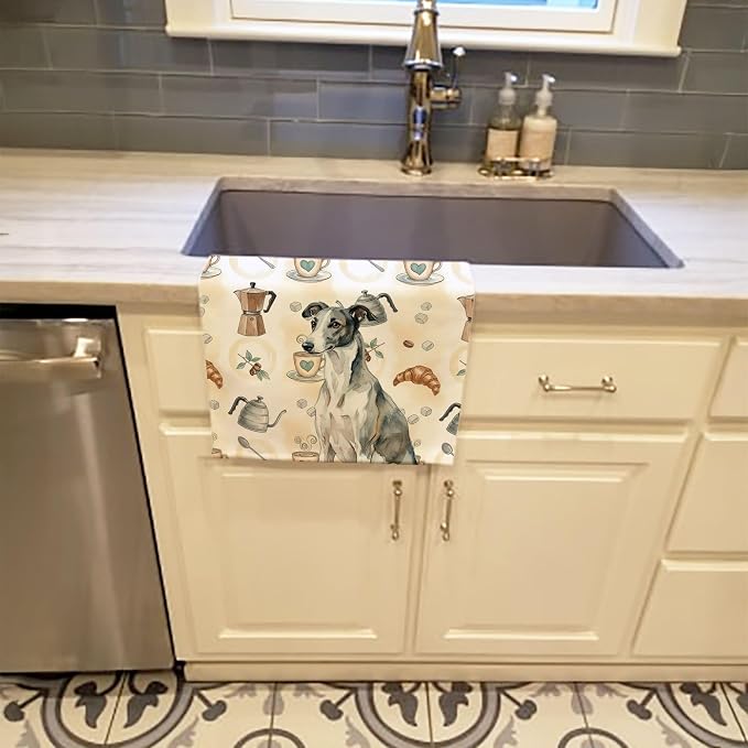 Caroline's Treasures Black and White Greyhound Coffee Bar Kitchen Towel Velour Plush Front and Cotton Loop Back Machine Washable