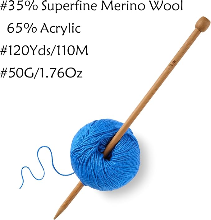 6 Balls Merino Wool Yarn, 12-Ply Luxurious and Soft Yarn for Hand Knitting & Crocheting, 1.76 OZ/50g, 120 yds/110 Meters(Blue,6Balls)