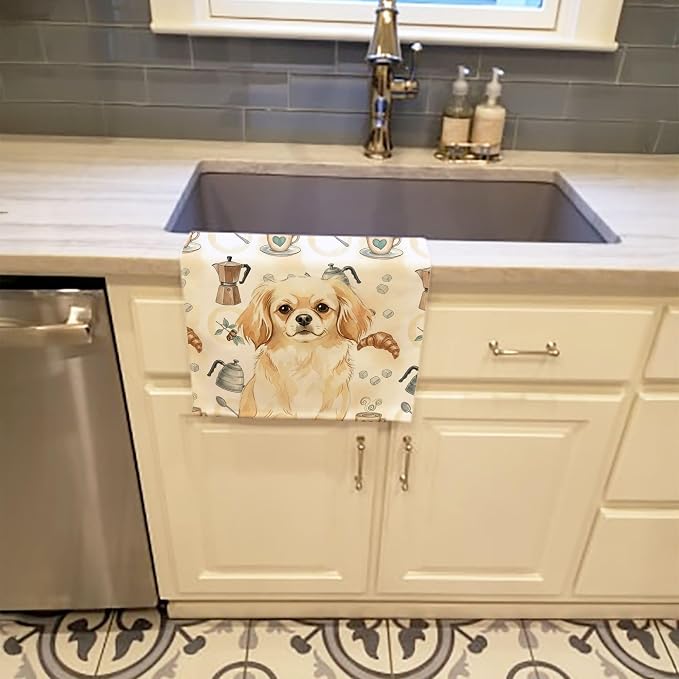 Caroline's Treasures Cream Tibetan Spaniel Coffee Bar Kitchen Towel Velour Plush Front and Cotton Loop Back Machine Washable