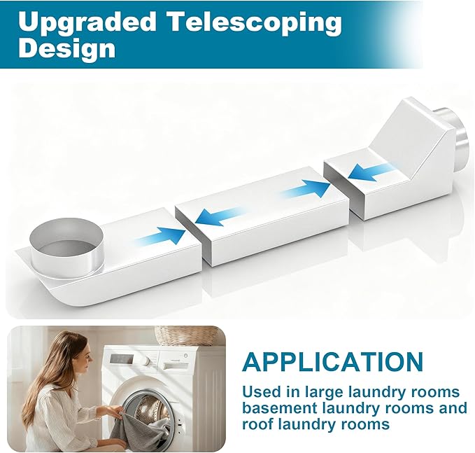 UD48S Stainless Steel Telescoping Dryer Vent Kit with Silicone Connector, Adjustable 17.7-29.5" Periscope Duct for Whirlpool and All 4 Inch Dryer Vents, Low Profile Flat Vent for Tight Spaces