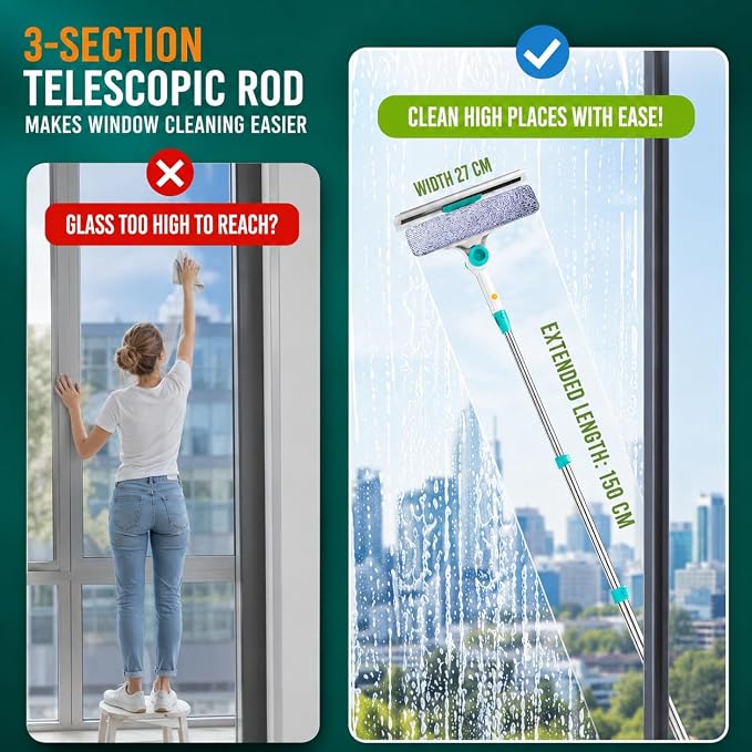 ORIXA Outside Window Cleaner, U Shaped Extendable Squeegee, Detachable Rotatable Glass Squeegee with 2 Wiping Cloth Replacements