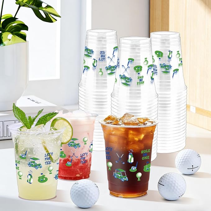 100Pcs Masters Golf Ball Plastic Party Cups, 12oz Blue Green Golf Disposable Clear Cups for Home Sports Party Decorations, Themed Birthday, Holiday Gatherings Favors