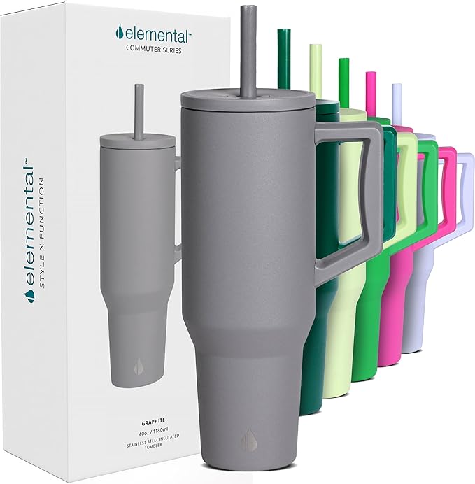 Elemental 40 oz Tumbler with Handle and Straw - Spill Proof Insulated Stainless Steel Commuter for Cold Beverages - Travel Coffee Mug with 2 Straws & Spill Proof Lid - 40oz - Graphite
