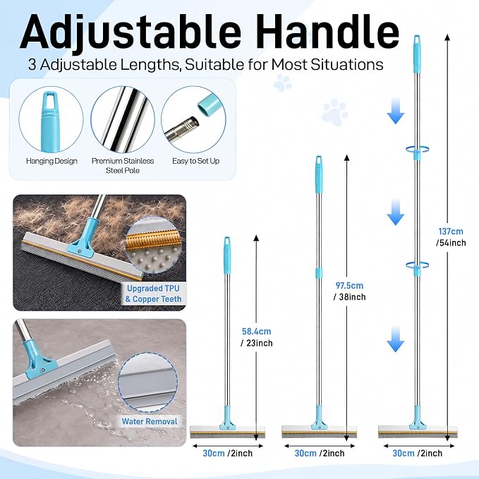 3-in-1 Carpet Rake for Pet Hair Removal, Reusable 54" Adjustable Long Handle Pet Hair Remover for Couch, 3 PCS Carpet Rake Scraper, Pet Hair Broom for Carpet, Rugs, Couch, Floor Scraping