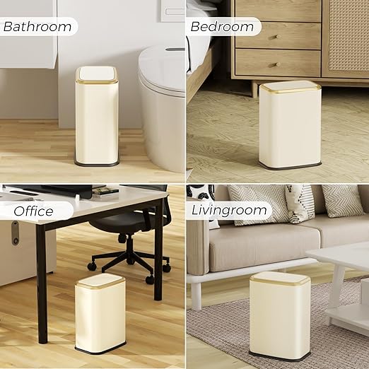 Bathroom Trash Can with Lid, 8L/2.1 Gallon Beige Trash Can Small Garbage Can with Press Top Lid Slim Stainless Steel Garbage Can with 100 Counts Trash Bags for Bathroom Bedroom Kitchen Office Toilet