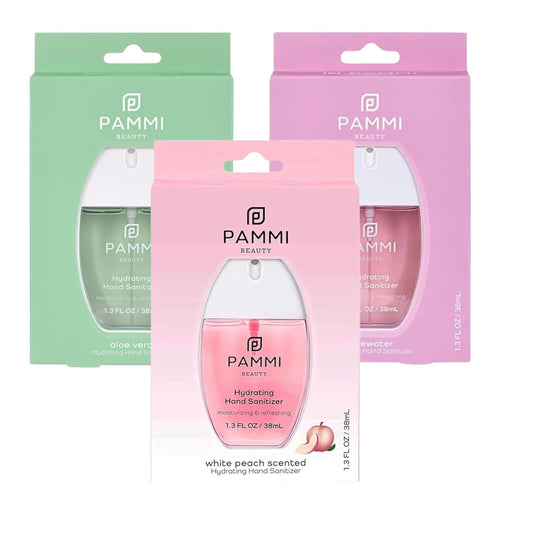 PAMMI Power Mist Hydrating Hand Sanitizer Spray, Portable Travel Size Pocket Hand Sanitizer, Scented Handsanitizer Mini Spray For Car - 600 Sprays (3 Pack (Aloevera, Peach, Rose))