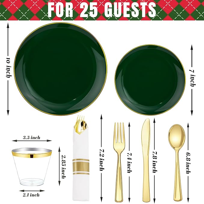 KIRE 175PCS Green Plastic Plates with Gold Rim - Heavy Duty Green Plates Disposable Include 50 Fancy Plastic Plate, 25Pre Rolled Napkins 25 Cups For Party/Wedding/Spring/2026 FIFA World Cup