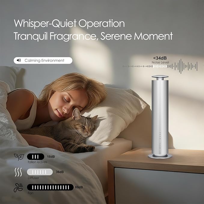 Somniare Waterless Essential Oil Diffuser, 1500 Sq. Ft Coverage Quiet Scent Diffusers for Homes, Hotels, Spas, Adjustable Mist, Included 5 Scent Oils(3.3OZ), Safe for Kids&Pets, Silver