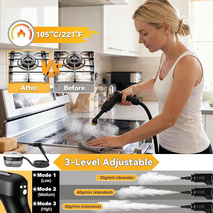 2500W Portable Handheld Steam Cleaner, 54oz Large Water Tank, 3-Level Adjustable Handle, 15s Fast Heating Steam Steamer with 20 Pcs Accessories, Plug-and-Play Design for Home Kitchen Car Cleaning