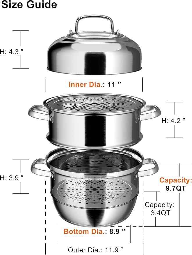 VENTION 3 Tier Induction Steamer Pot for Cooking, 11.9 Inch(30cm), 9.7 Qt | Stainless Steel Steamer for Cooking Tamales, Large Steam Pot for Dumplings and Vegetables