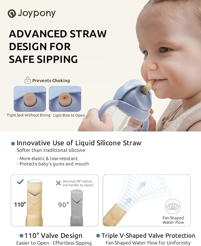 Joypony Sippy Cups for Toddlers 1-3, Spill Proof Weighted Straw Cup with Handle for Baby 6 Months + old, 2 Silicone Straws, PPSU, BPA Free, 9 oz (Blue)