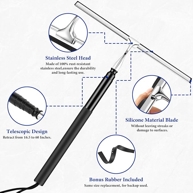 Shower Squeegee for Glass Doors, 2-in-1 Professional Window Cleaner Tool with Extension Pole, 14" Wide Window Washing Equipment for High Outside Glass, Solar Panels, Shower & Car Windshield