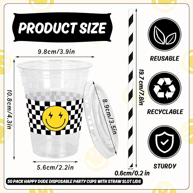 Whaline 50 Pcs One Happy Dude Disposable Plastic Cups with Lids and Straws 12 Oz Smile Face Checkered Cold Beverage Drinking Cups for Birthday Baby Shower Favors