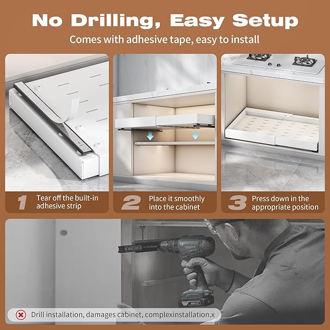 4 Pack Pull Out Cabinet Organizer Expandable,Adjustable 12-21 Inch Width Slide Out Drawer Shelves,Painted Carbon Steel with Heightening Pad,No Drill,for Kitchen/Bathroom/Pantry/Under Sink/Laundry Room