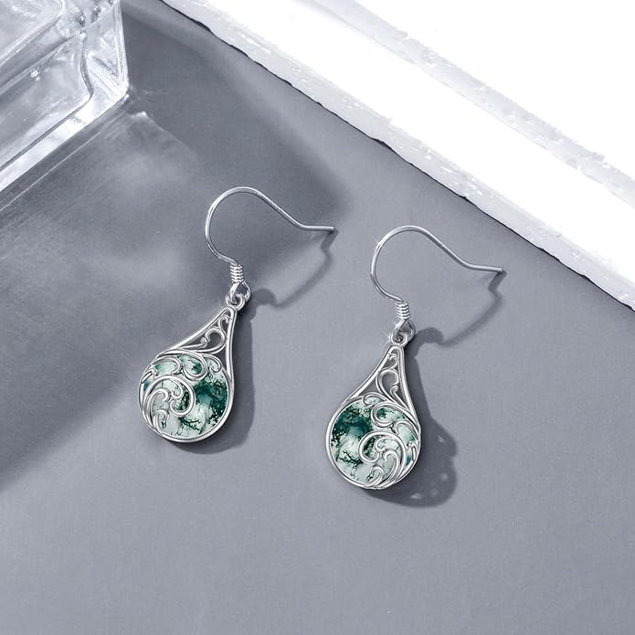 PELOVNY Celtic Knot Filigree Earrings for Women 925 Sterling Silver Moss Agate/Birthstone Infinity Earrings Birthday Christmas Jewelry Gifts for Mom Daughter Wife Sister