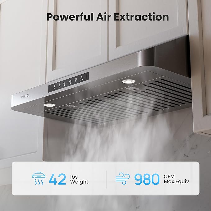 VIKIO HOME Under Cabinet Range Hood 36 Inch, 980CFM Fast Venting Kitchen Hood With 3 Speed Gesture Sensing & Touch Control, Stainless Steel Stove Hood With LED Light And 2 Baffle Filters