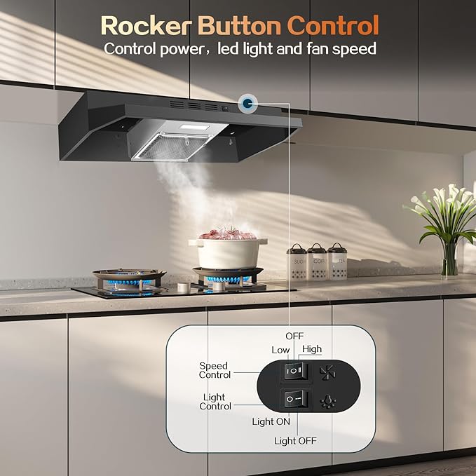 24 inch Range Hood Under Cabinet, Black Kitchen Hood 280CFM, Ducted/Ductless Vent Hood with Rocker Button Control, Stove Hood with 2 Speeds Fan, Bright LED Light