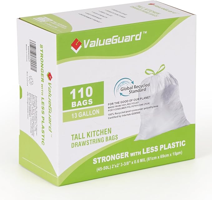 ValueGuard Large Trash Bags 13 Gallon Tall Kitchen Drawstring 100% Post-Consumer Recycled Garbage Bags Waste Bag for Office 0.6 Mil (110 Count)