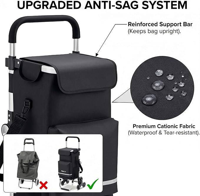 Stair Climbing Cart - Shopping Cart with Wheels for Stairs, Foldable Tri-Wheel Grocery Cart for Seniors & Apartments, 55L Bag with Insulated Cooler, Adjustable Handle, 110 Lbs, Waterproof