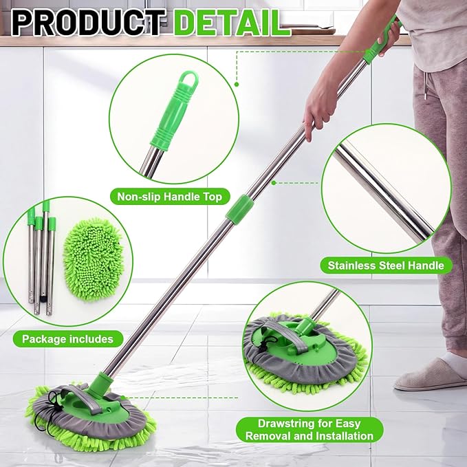 4 Pack 360° Spin Mop with 4 Microfiber Mop Refills, Extendable 63" Stainless Steel Handle for Easy Floor, Ceiling, Wall & Window Cleaning, Household Mops(Green)