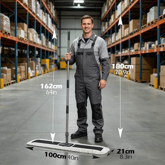 MASTERTOP 40" Commercial Dust Mop for Floor Cleaning, Heavy Duty Flat Mop | Industrial 64" Long Handle Push Broom with 2 Cotton Pads for Hardwood, Tile, Laminate, Concrete, Warehouse & Gym Cleaning